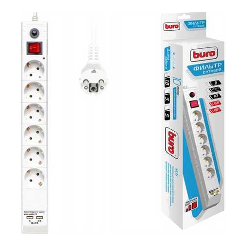 Сетевой фильтр BURO BU-SP1,8_USB_2A-W, 6 розеток, 1,8 м, White в ДНС